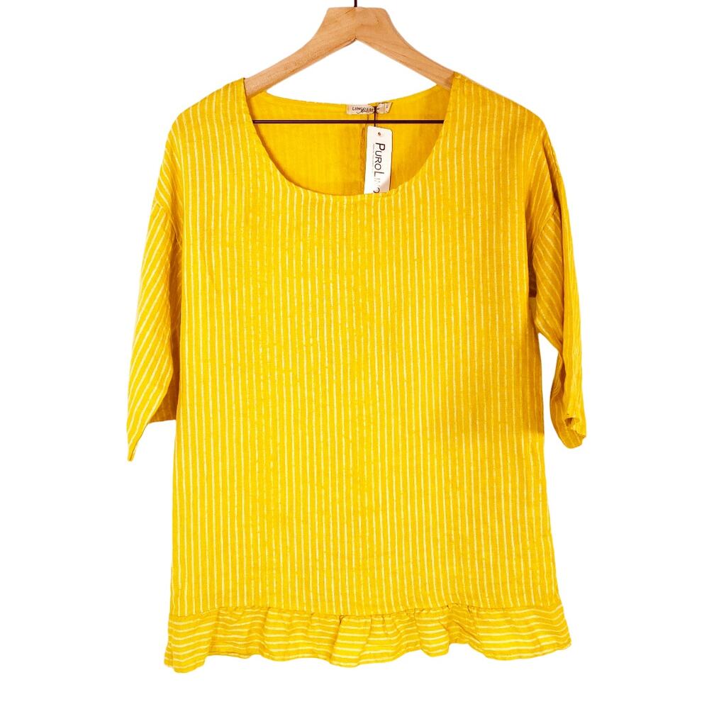 Lungo L'Arno 100% Italian Linen Tunic Shirt in‎ Yellow Stripe Size Small NWT